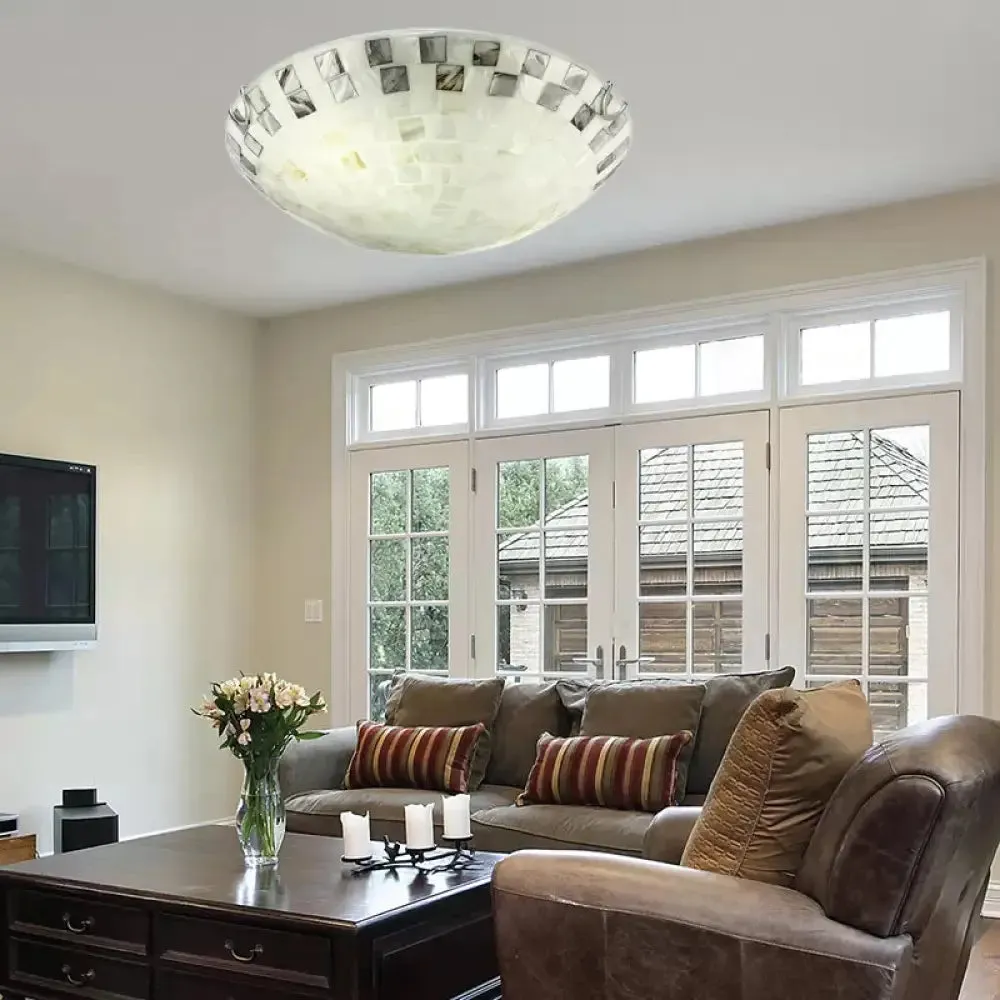 Vintage Mosaic Glass Flush Mount Ceiling Light - Beige Bowl, 1 Bulb, 12"/16"/19.5" Wide - Ideal for Dining Room
