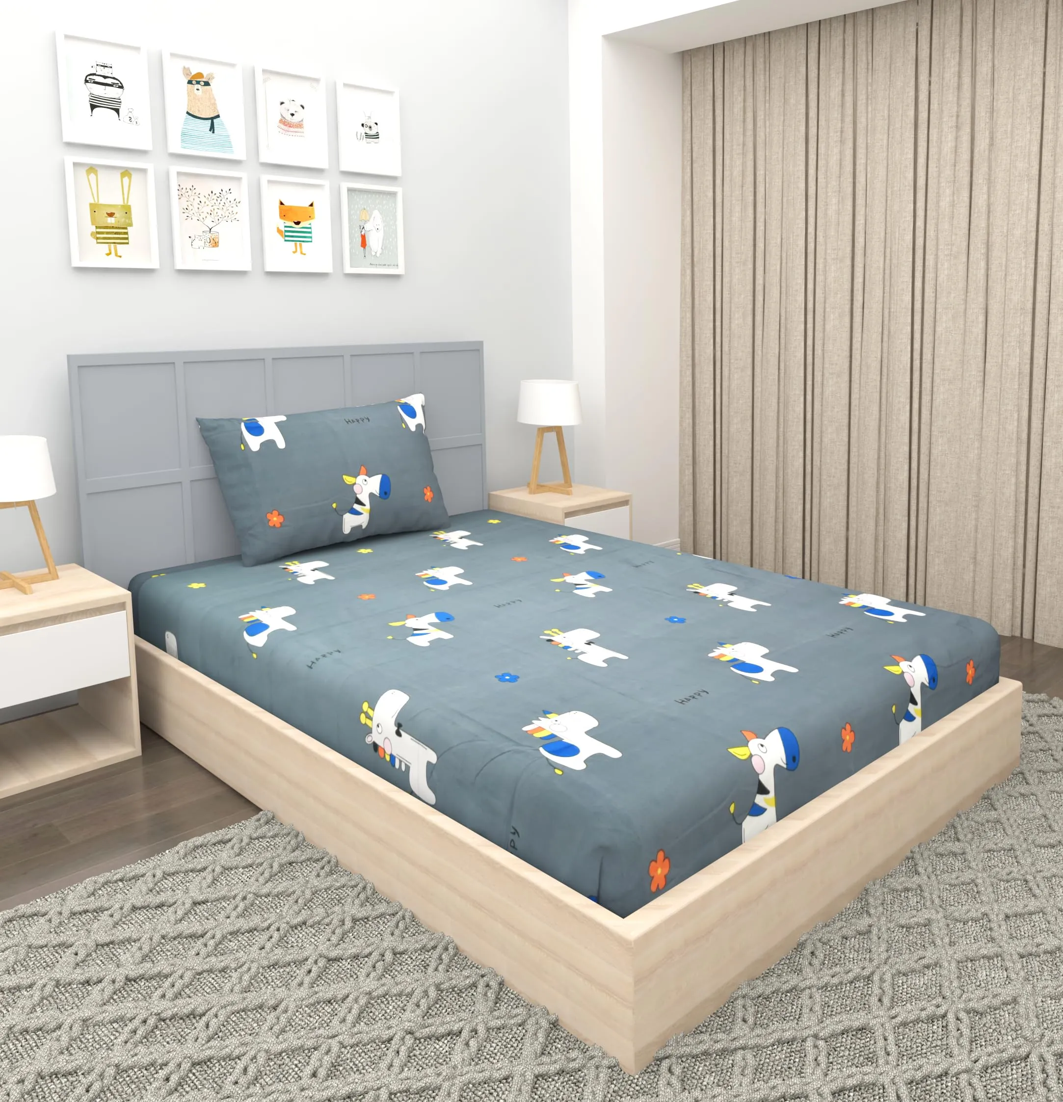 VOMZER 300 TC Cotton Feel All Around Elastic Fitted Single Size Bedsheets, Premium Single Bedsheets for kids with 1 Pillow Cover Size- 36 x 72   8 Inch | Animal Printed |Multi Animals | (Grey Animals)
