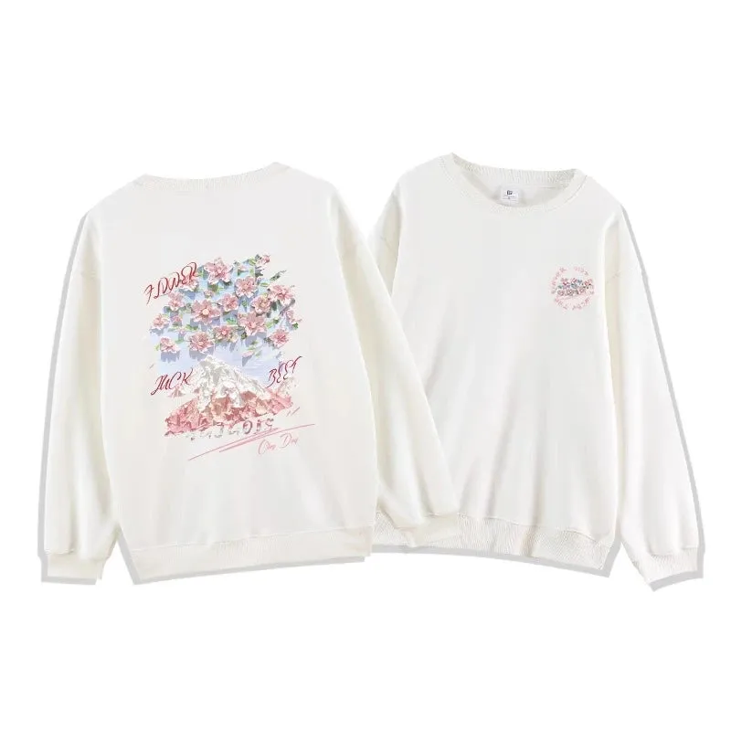 White Classic Floral Printing Casual Female Hoodies Winter Solid Color Loose Classic O-neck Simple Fashion Women Hoodies