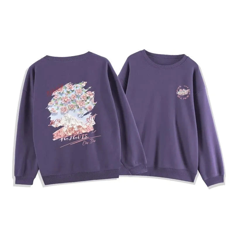 White Classic Floral Printing Casual Female Hoodies Winter Solid Color Loose Classic O-neck Simple Fashion Women Hoodies