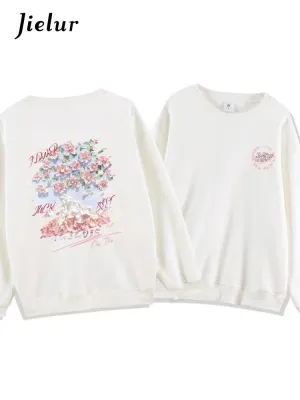 White Classic Floral Printing Casual Female Hoodies Winter Solid Color Loose Classic O-neck Simple Fashion Women Hoodies