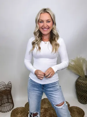White Long Sleeve Crew Neck Ribbed Knit Top