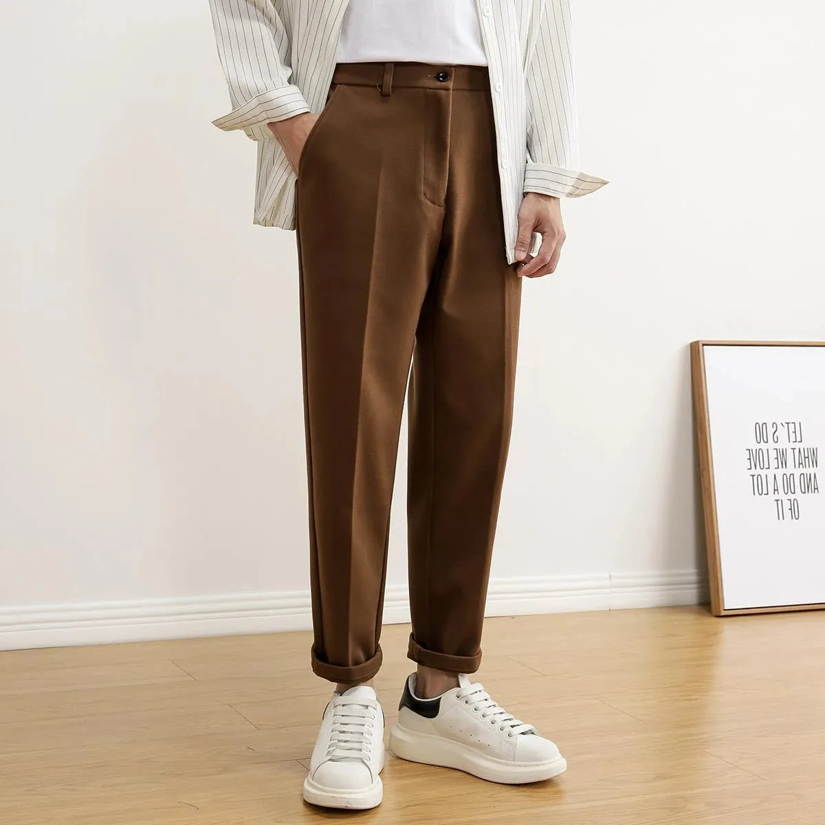 Wiaofellas  -  Straight Khaki Trousers for Men Tweed Plus Big Size Elegant New in Thin Casual Fabric Man Suits Pants Luxury Korean Reviews Many